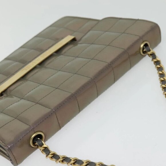 CHANEL Choco Bar Line Chain Hand Bag Enamel Gray Gold CC Auth bs28264 - Picture 7 of 16